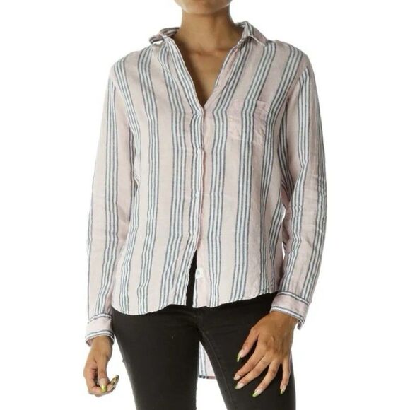 Frank & Eileen Grayson The Hero Button Down‎ Shirt Sz 4 Pink Linen Striped - Picture 3 of 7